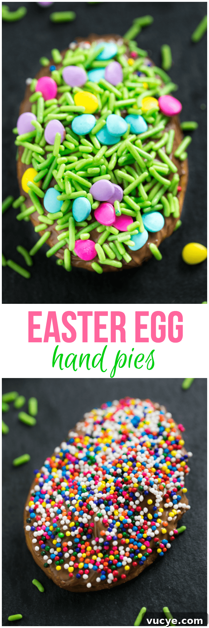 Easter Egg Hand Pies - Super easy Easter dessert made with refrigerated pie crust, melted chocolate and sprinkles! A fun Easter recipe for the kids to make.