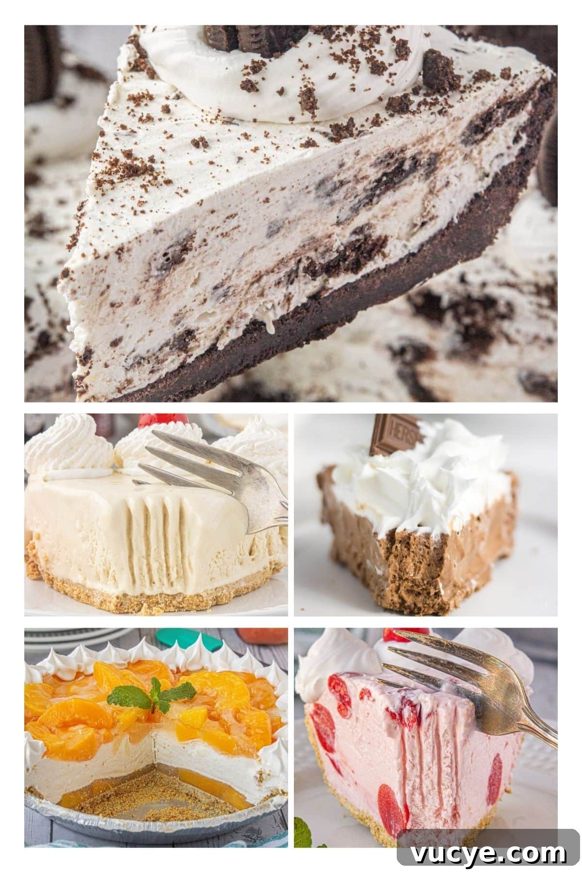 A collage of old fashioned icebox pie recipes including lemon icebox pie, cherry icebox pie, and oreo icebox pie.