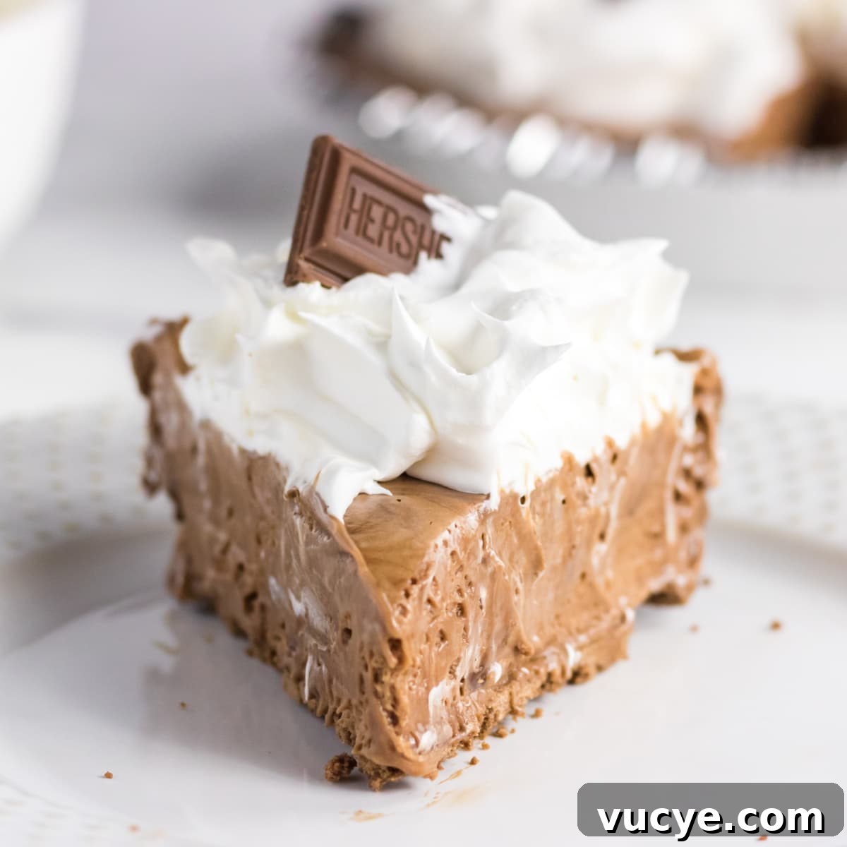 Closeup of a slice of chocolate pie.