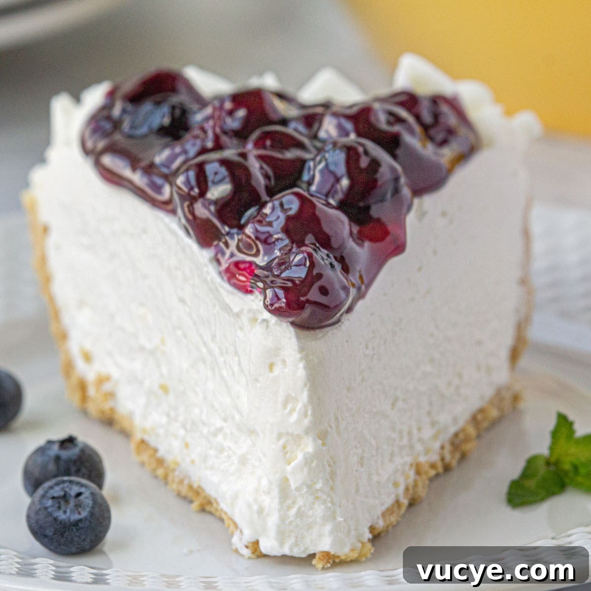 Closeup of a slice of cheesecake showing the sweet blueberry topping.