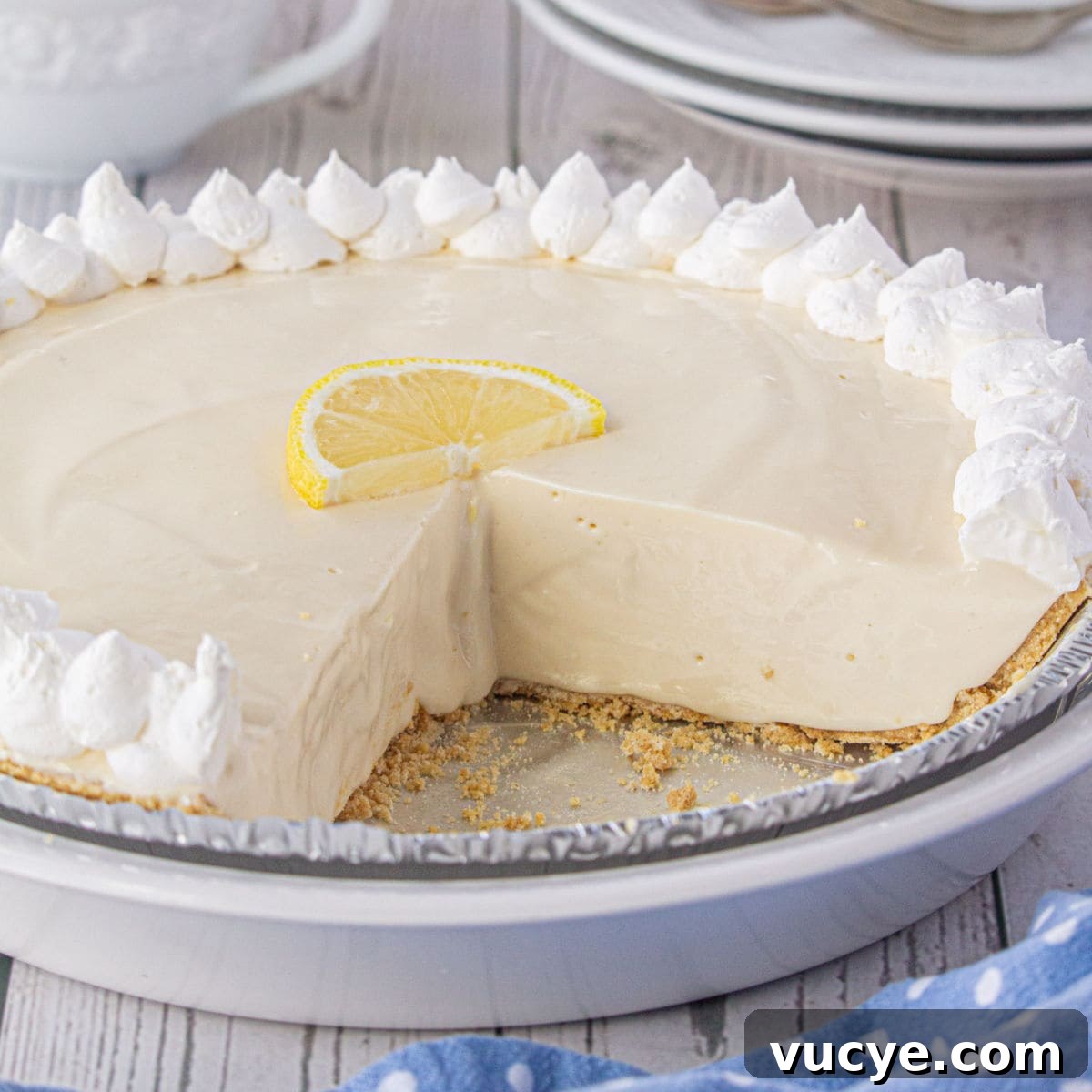 No bake lemon ice box pie in a pie pan.
