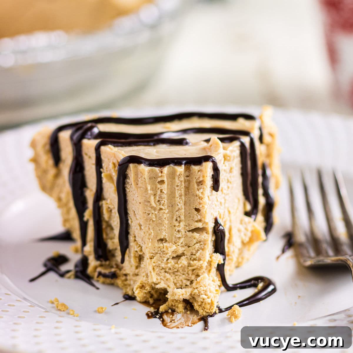 A slice of peanut butter icebox pie with a chocolate drizzle.