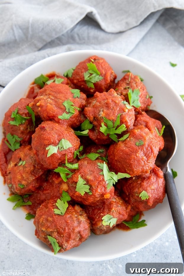 overhead shot of Slow Cooker Italian Meatballs served in tomato sauce 