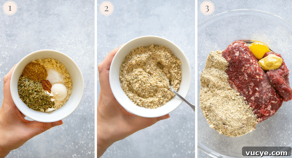 ingredients for healthy beef meatballs being mixed in a bowl for slow cooker meatballs recipe