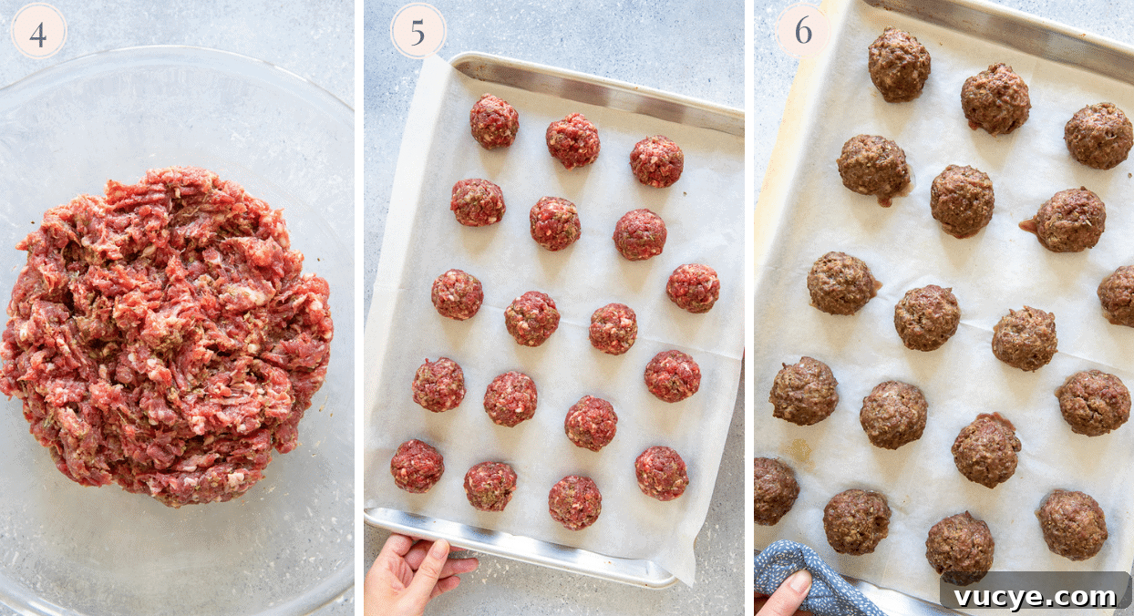 picture collage demonstrating how to bake slow cooker beef meatballs on a baking sheet 