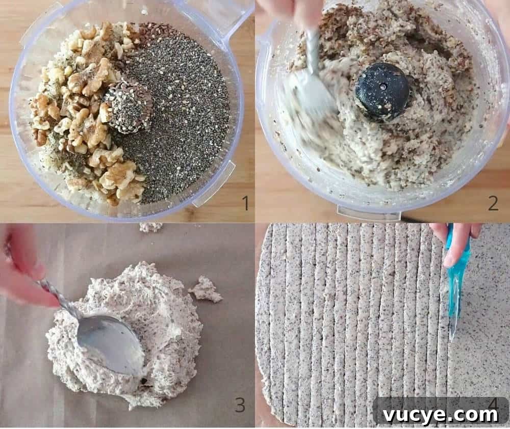 Process shots showing steps for making homemade quinoa crackers: cooked quinoa, nuts and seeds before blending (in a food processor) and after blending, showing how the wet dough looks like and the process of rolling thin on parchment paper.