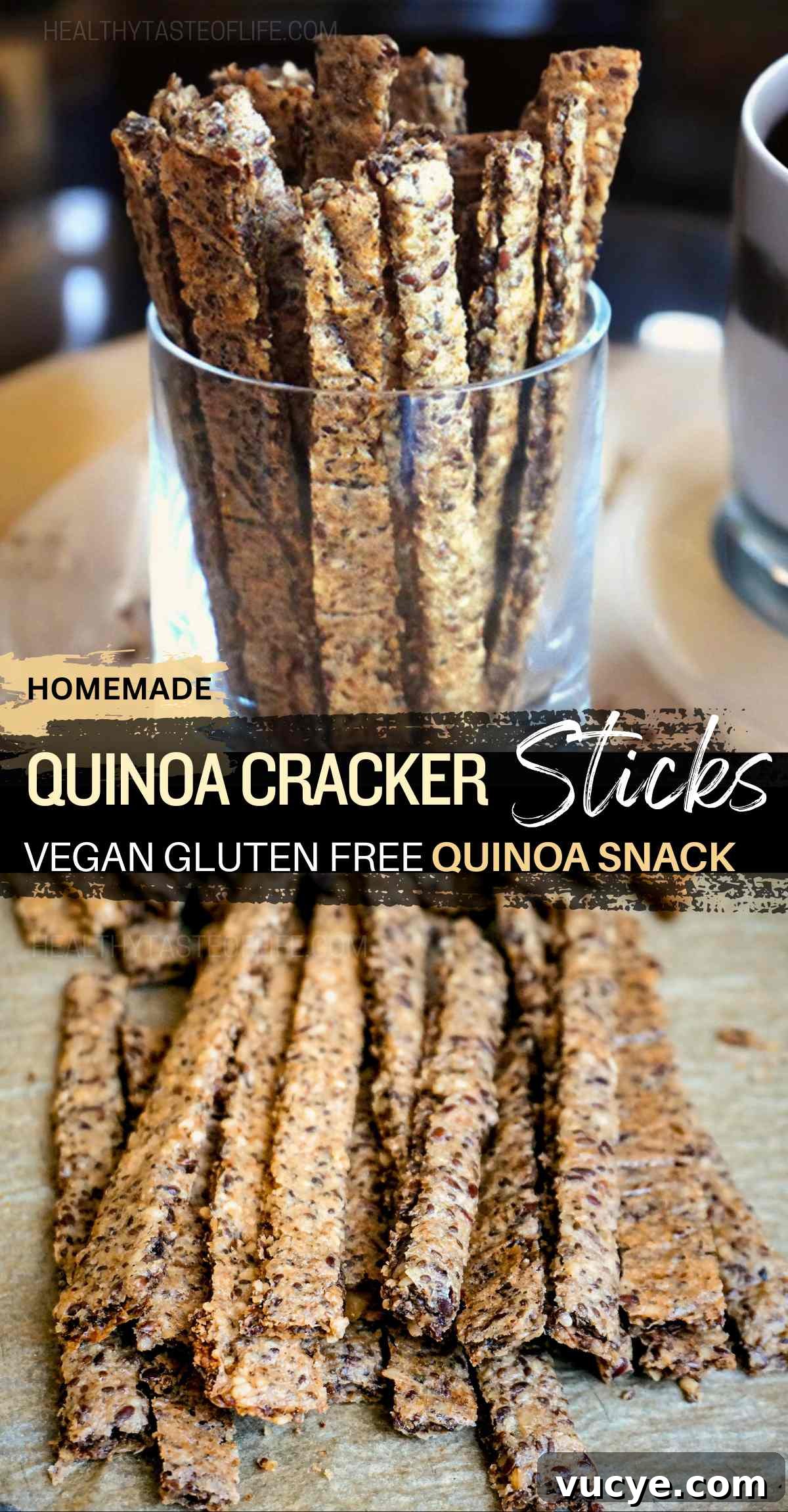 Crunchy, healthy snack: homemade quinoa cracker sticks - gluten-free, vegan, and packed full of nutritious ingredients like quinoa, walnuts, and various seeds. Easy to make, these quinoa crackers are perfect for snacking on their own or pairing with your favorite dips and salads. 