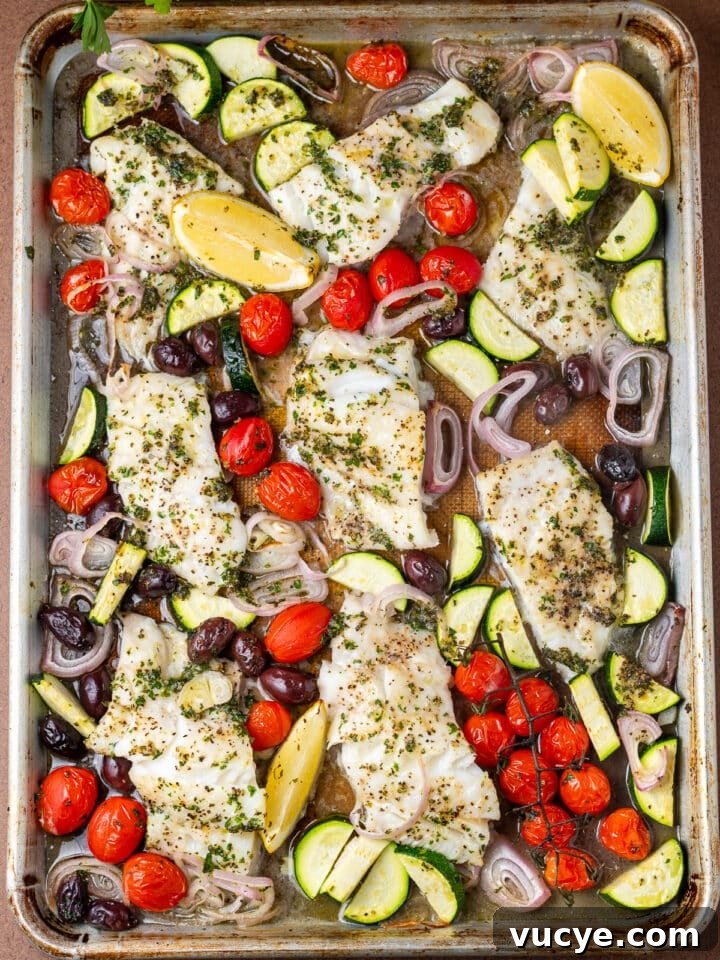 sheet pan with mediterranean baked cod and veggies cook once eat twice dinner