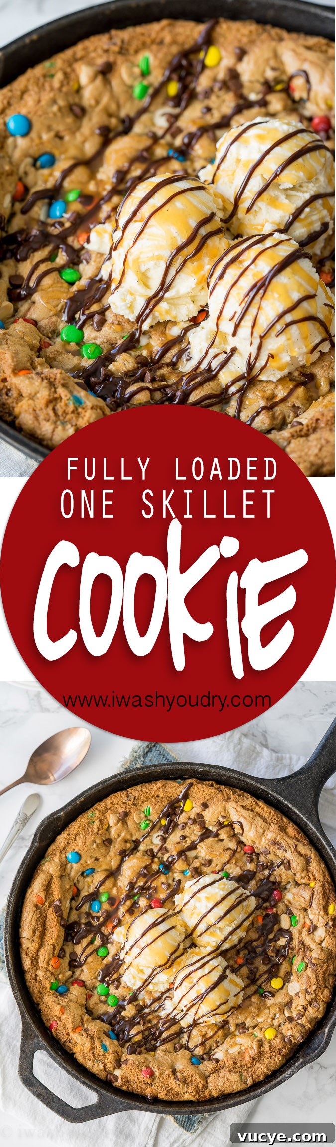 OMG! This One Skillet Fully Loaded Chocolate Chip Cookie recipe is insanely delicious and SUPER EASY to make too! No mixing bowls required for this one!