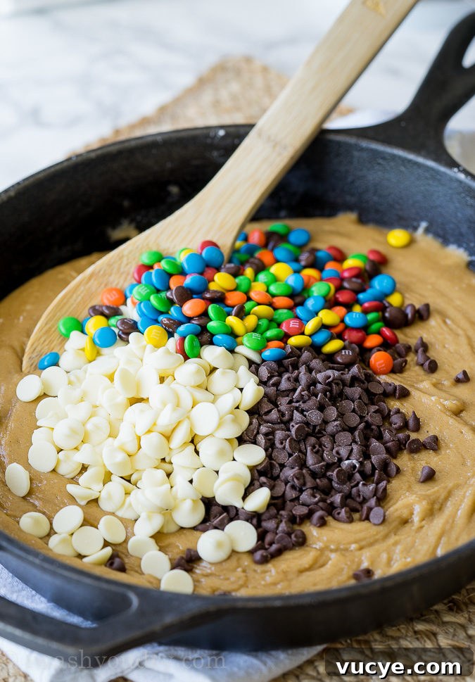Freshly baked skillet cookie with melty chocolate chips