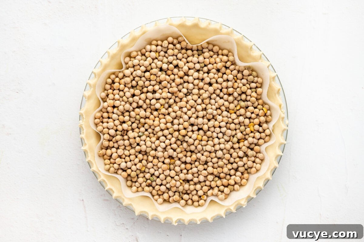 unbaked pie crust with pie weights