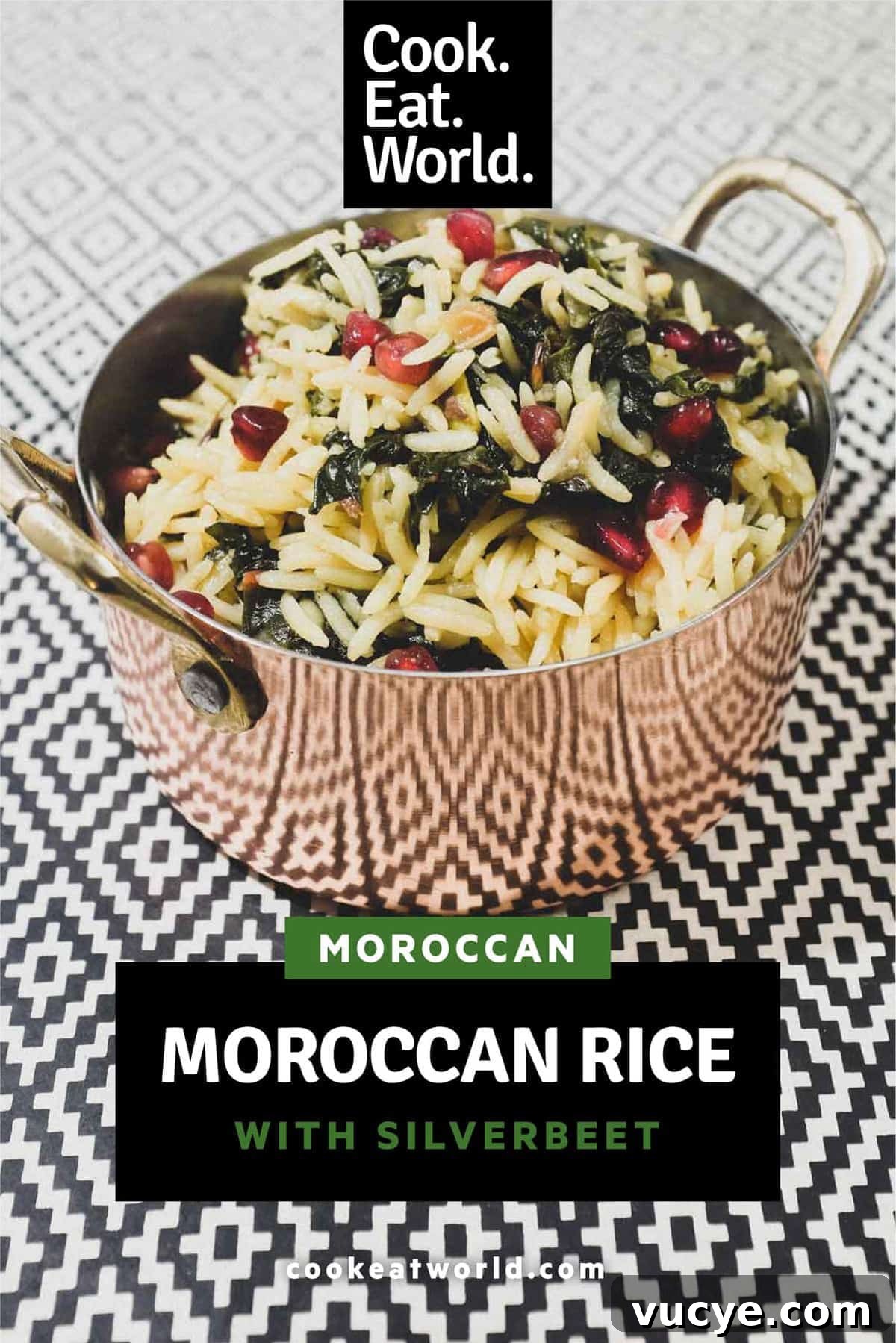 A small copper pot holds some Moroccan rice with Silverbeet, garnished with pomegranate seeds