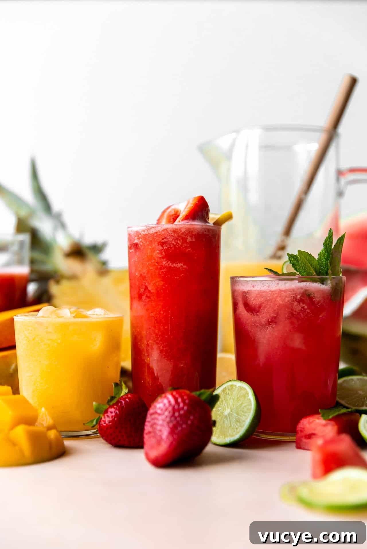 Glasses of agua fresca lined up showing strawberry, watermelon and a pineapple mango.