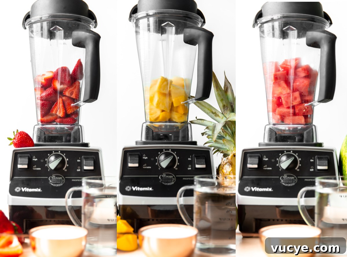 Collage of 3 blenders showing blending strawberries, mango, and watermelon agua fresca.