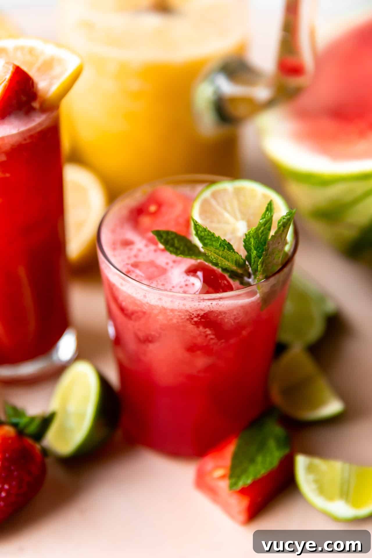 Glass of watermelon agua fresca garnished with mint and lime.