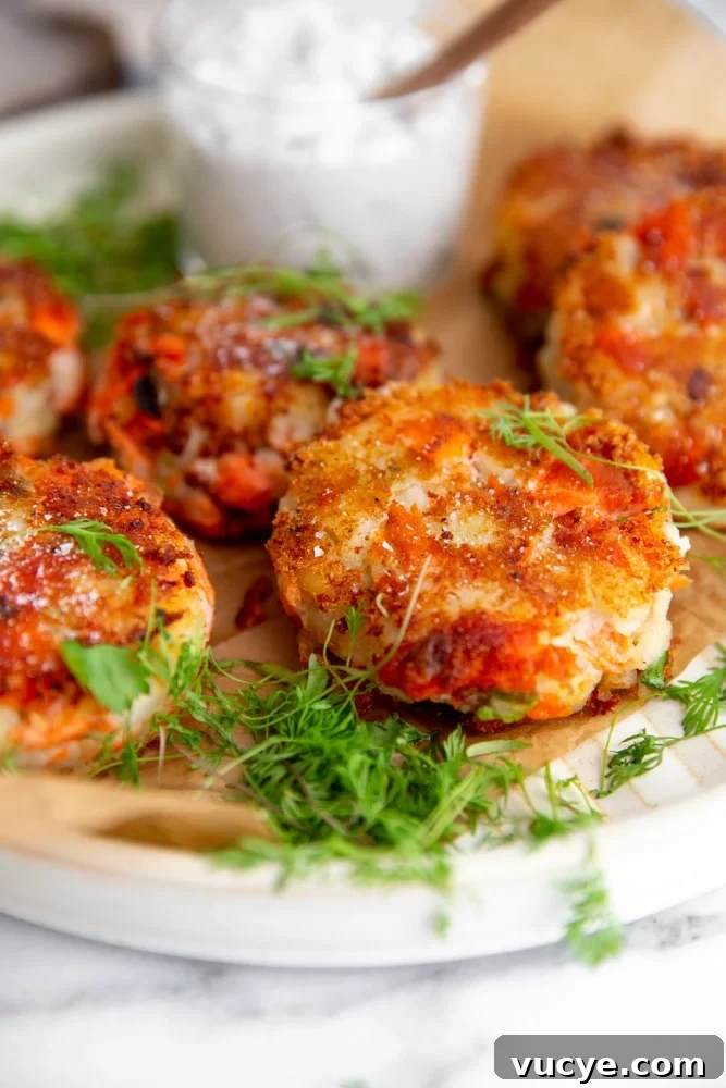 Close up of a crispy salmon potato cake with dill.