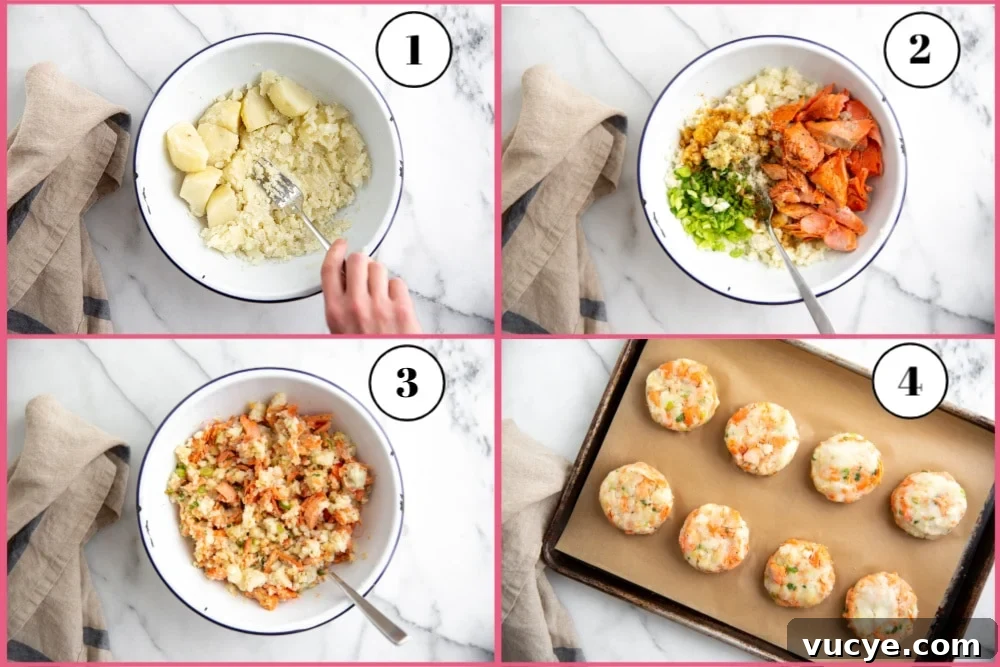 Process shot divided into four quadrants showing how to make potato and salmon patties.