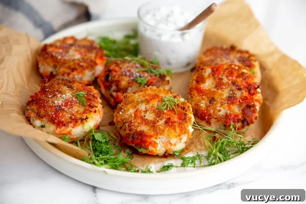 Salmon potato cakes on a serving plate with yogurt sauce in the background.