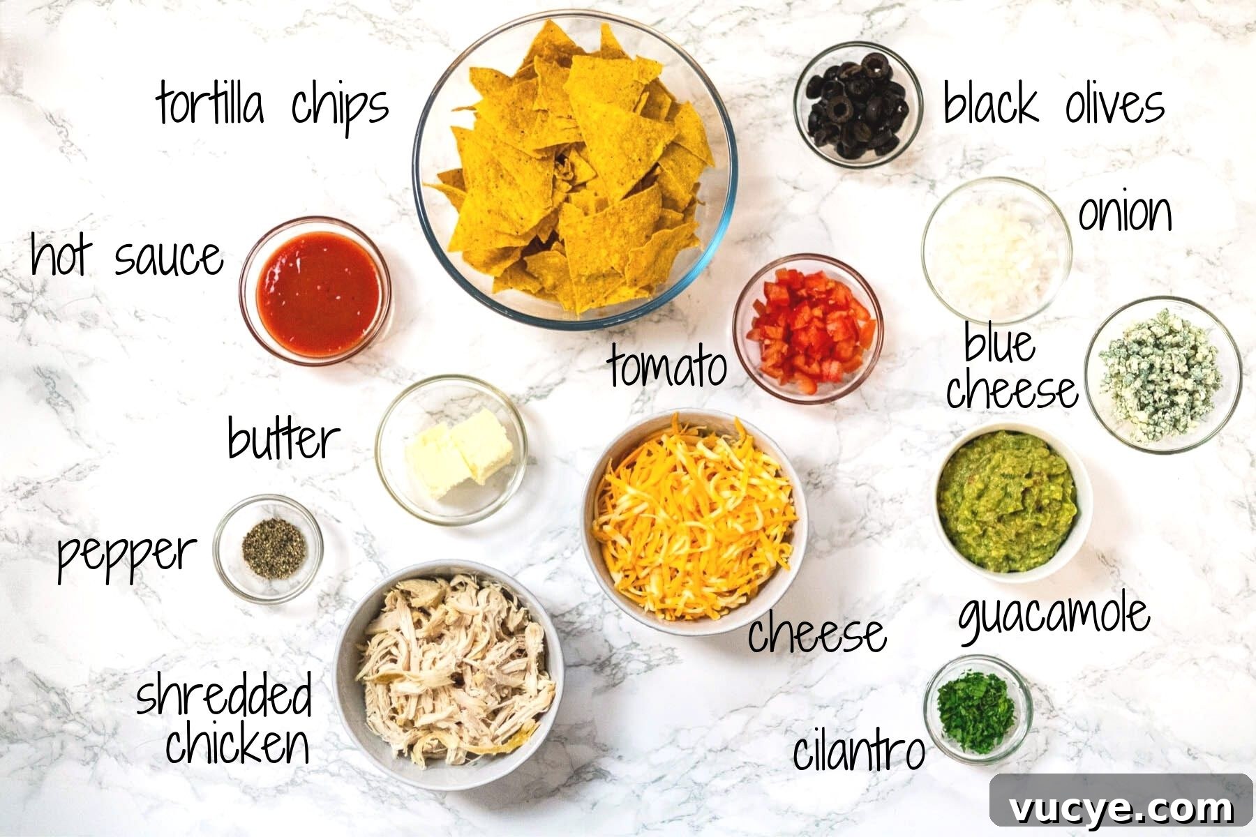 Ingredients for Buffalo chicken nachos