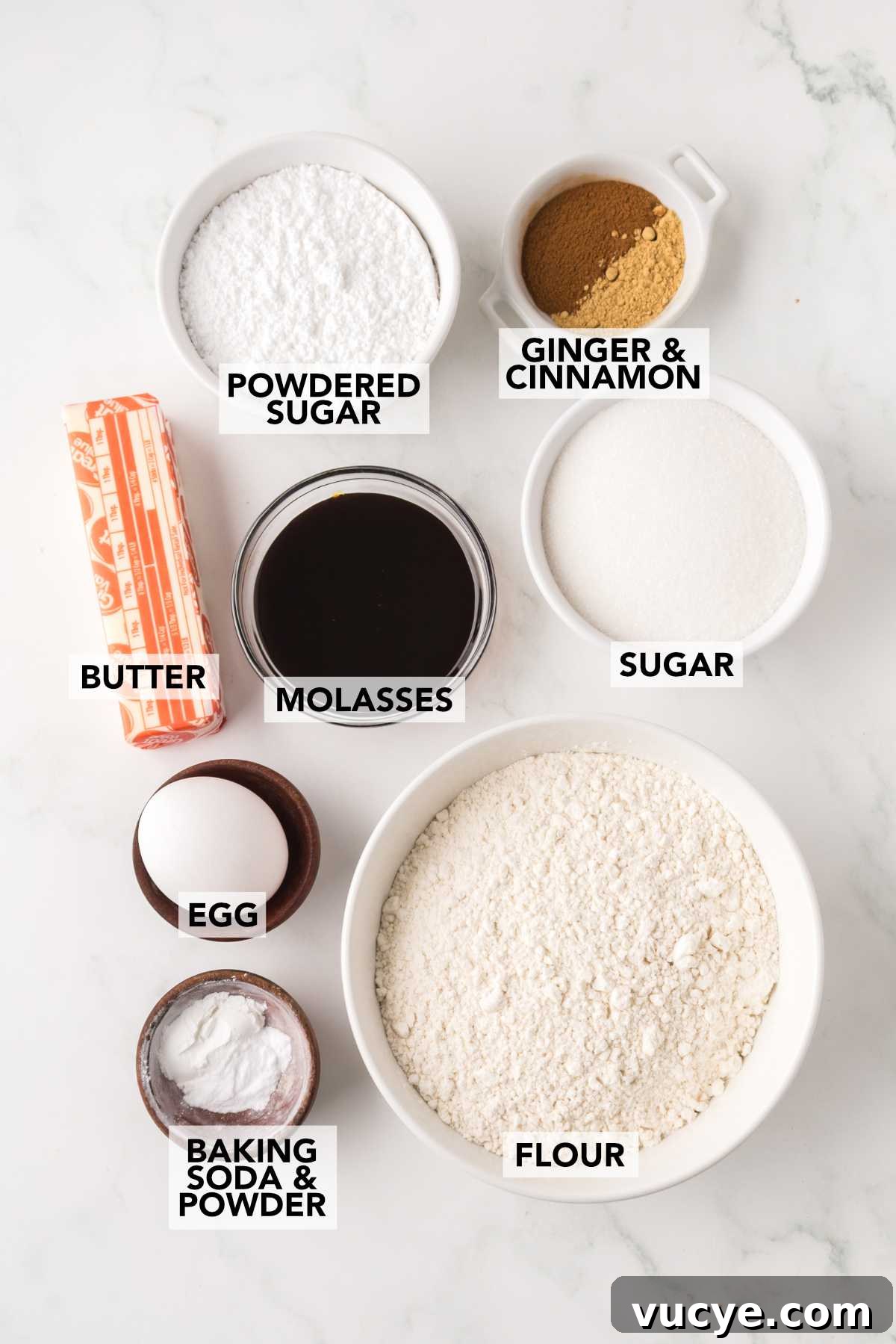 Ingredients for soft gingerbread crinkle cookies arranged on a light surface, including flour, sugar, molasses, butter, egg, spices, baking soda, baking powder, and powdered sugar