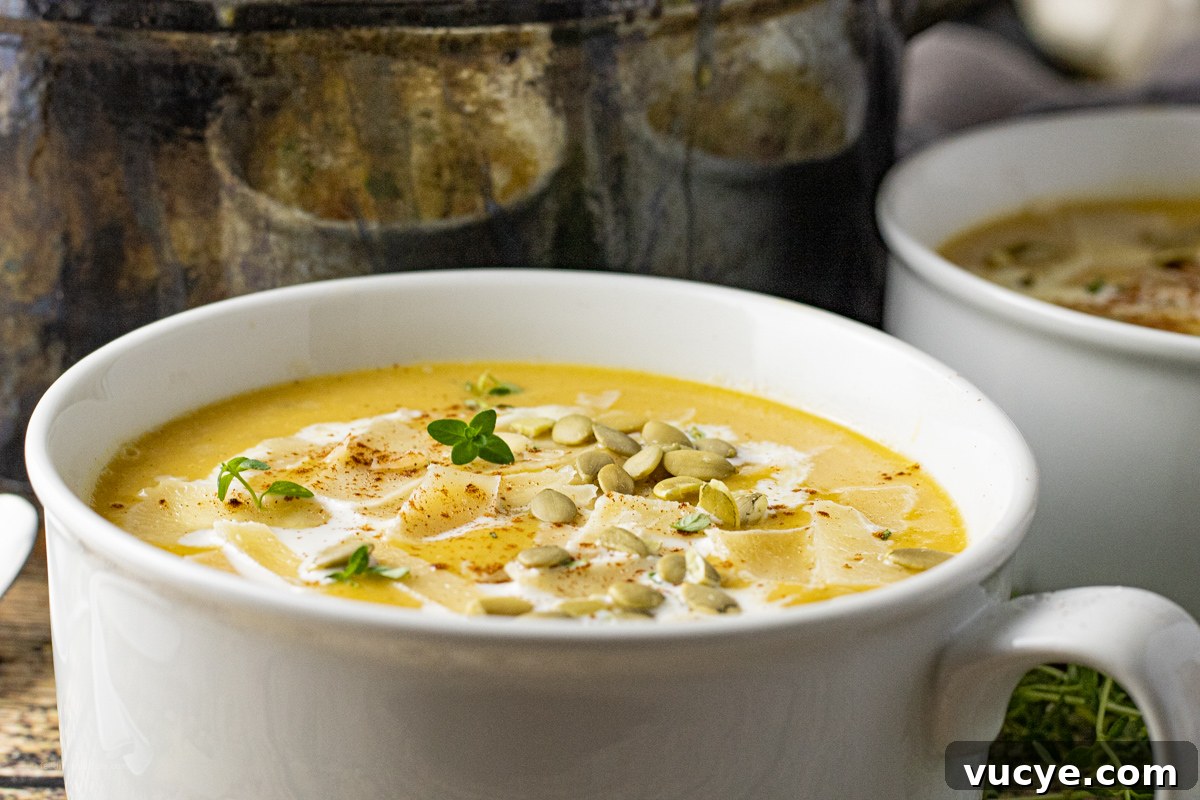 butternut squash soup topped with pumpkin seeds and cheese