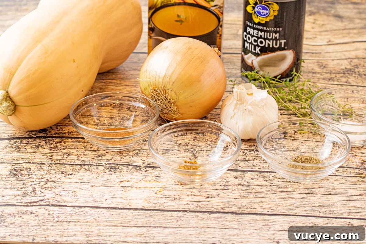 ingredients for butternut squash soup in bowls and cans