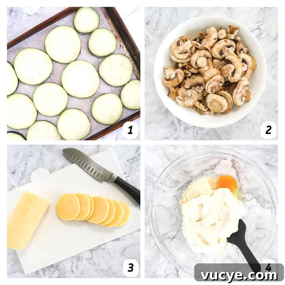 Four panel grid of process shots 1-4 - prepping ingredients and combining cheese mixture.