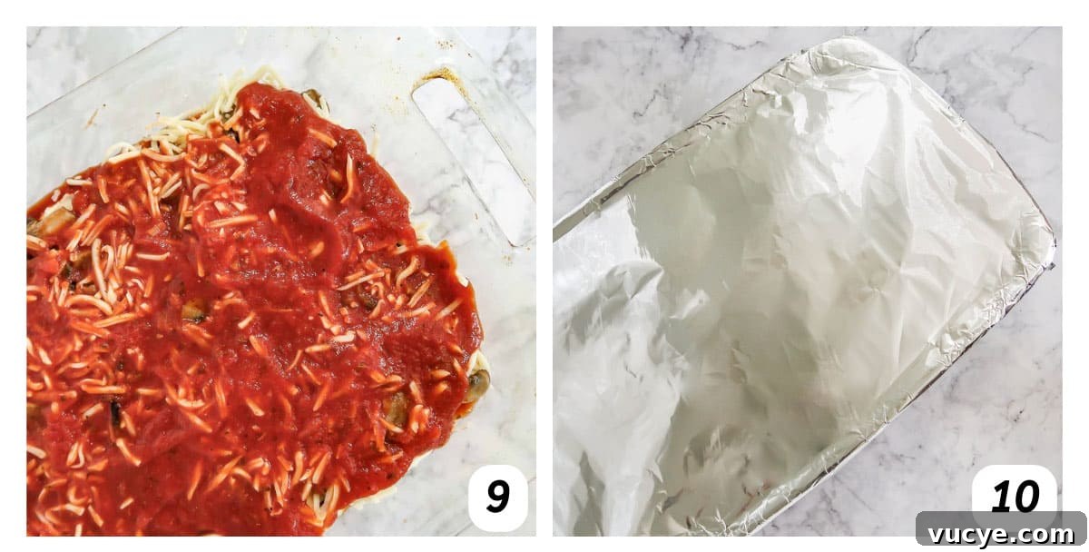 Two panel grid of process shots 9-10 - covering dish with aluminum foil and baking in the oven.