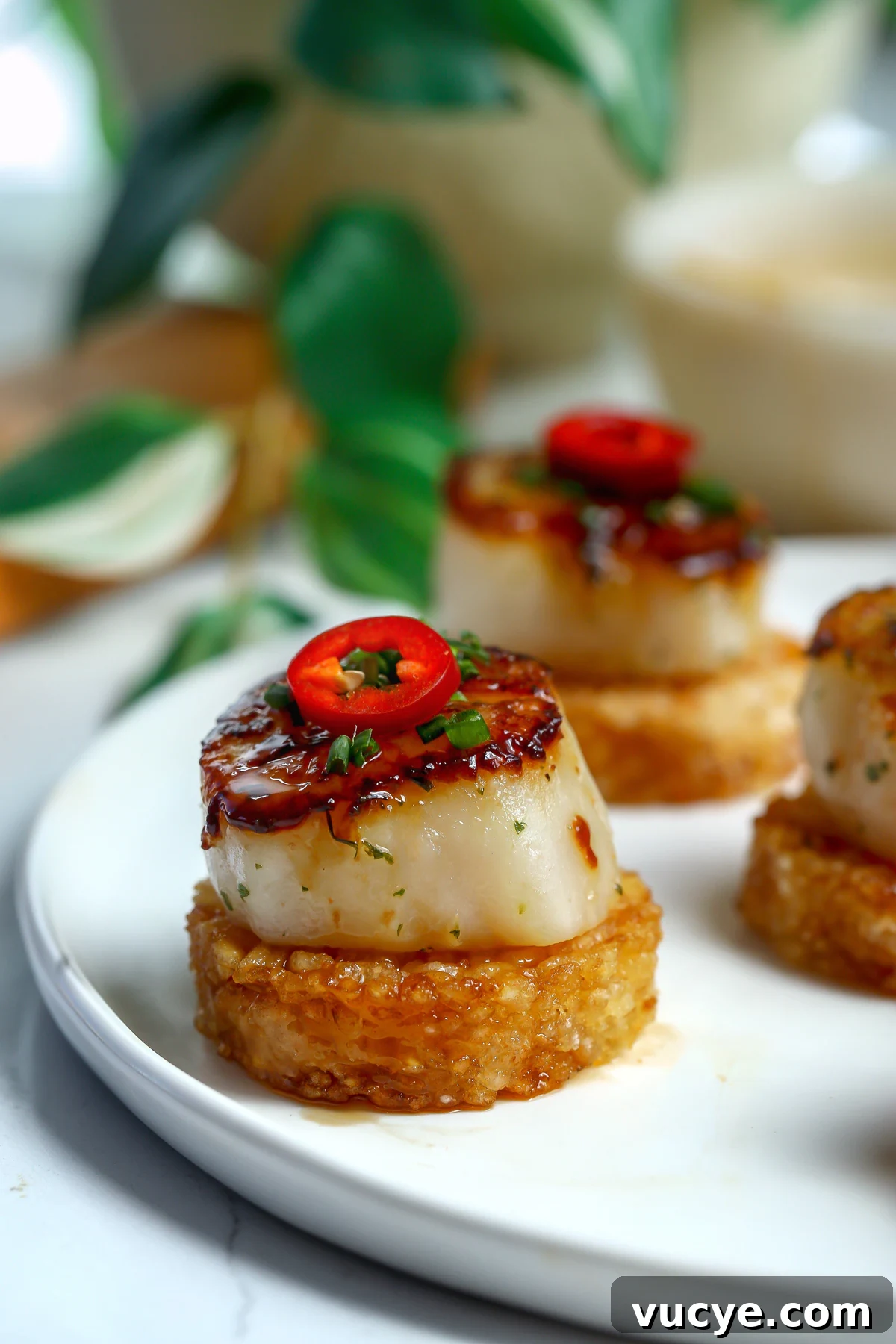 Golden-brown crispy rice rounds topped with a perfectly seared U-10 scallop, drizzled with a glossy sriracha agave glaze, and garnished with thin slices of Fresno chile and fresh chives on a light white ceramic plate.