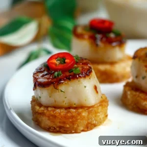 Golden-brown crispy rice rounds topped with a perfectly seared U-10 scallop, drizzled with a glossy sriracha agave glaze, and garnished with thin slices of Fresno chile and fresh chives on a light white ceramic plate.