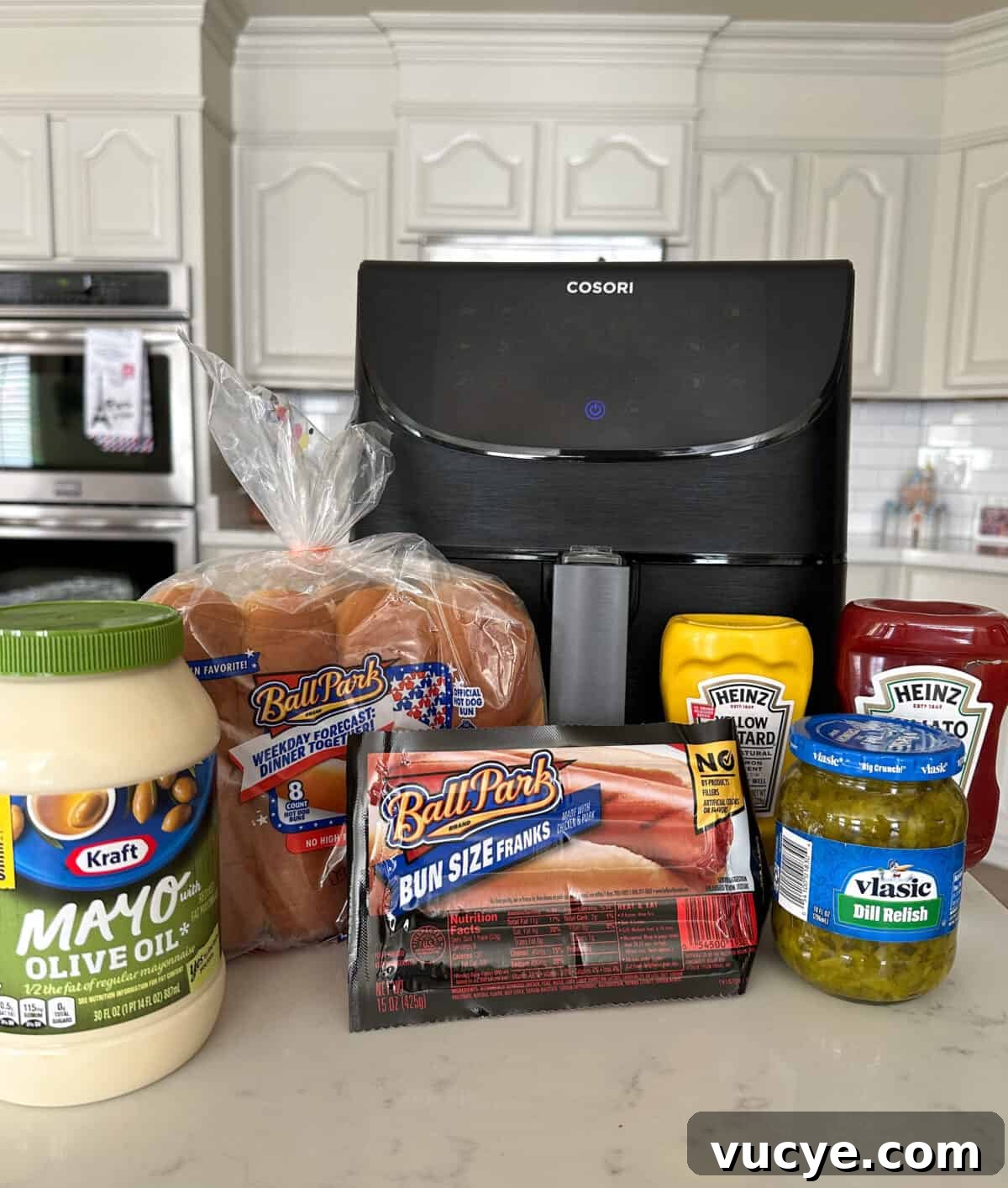 air fryer hot dog ingredients on counter top.